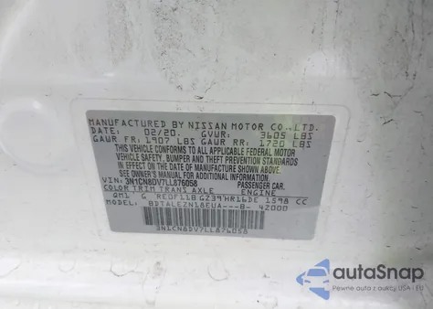 2020 Nissan Versa S Xtronic Cvt z USA, uszkodzony, nr VIN 3N1CN8DV7LL876058